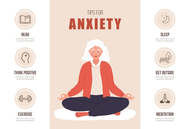 Tips for anxiety Mental health concept Happy elderly woman meditating in lotus position