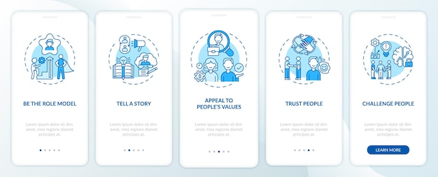 Tips of how to motivate people onboarding mobile app page screen with concepts. Telling motivation story walkthrough 5 steps graphic instructions. UI  template with RGB color illustrations