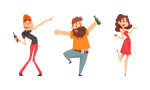 Vector tipsy man and woman character drinking alcoholic beverage vector set