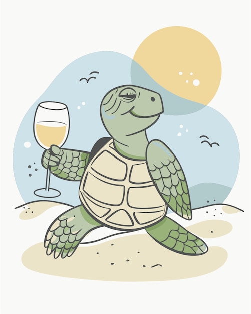 Vector tipsy sea turtle on the beach holding a wine glass vector illustration line circuit