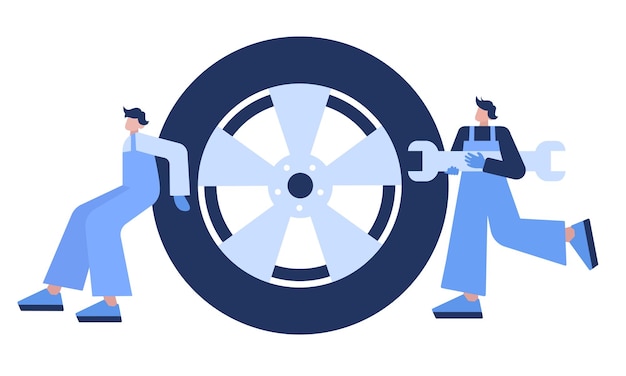 Vector tire service concept two mechanics and a wheel vector flat illustration