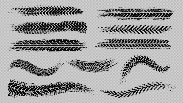 Tire trace track. Abstract wheels braking distances, tread silhouettes brushes. Isolated car or motorcycles vector trails. Tire vehicle, road track rubber, transportation texture illustration