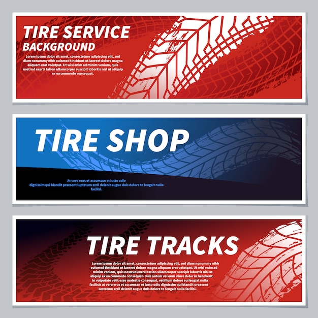 Tire tread tracks banners. Motorcycle, car and race bike dirty grunge road tire prints. Tread automobile, motor sport banner