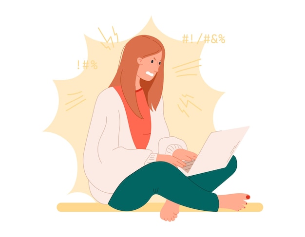 Tired angry woman is working and typing on a laptop Communication and quarrels on the Internet cyberbullying Vector isolated flat illustration