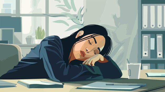 Tired Asian Businesswoman Sleeping in Office at Work