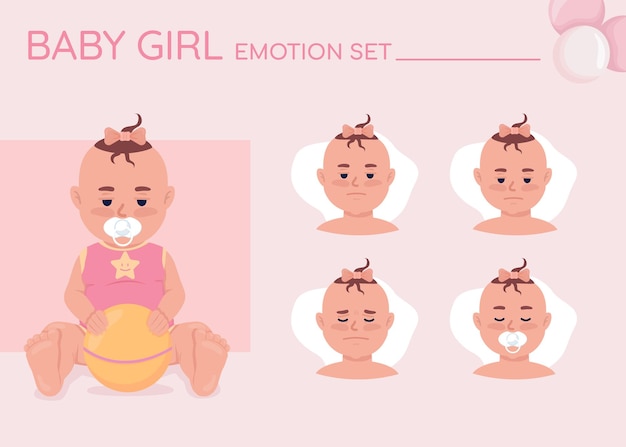 Tired baby girl semi flat color character emotions set