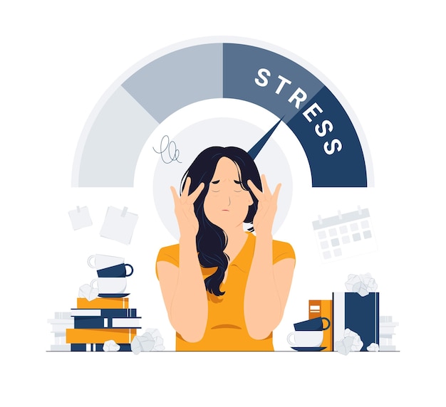 Tired business woman holding her hair under stress during work headache migraine dizzy tired Frustrated Deadline Tiredness feeling exhausted because of overwork concept illustration