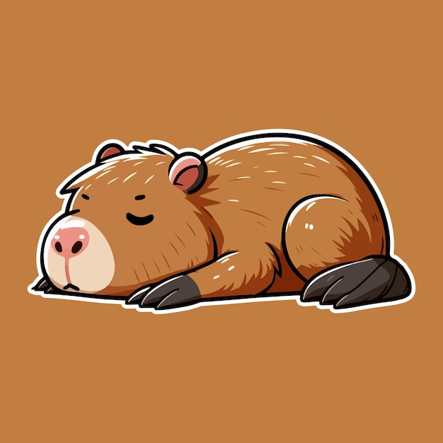 A tired Capybara laying on his stomach with his legs stretched