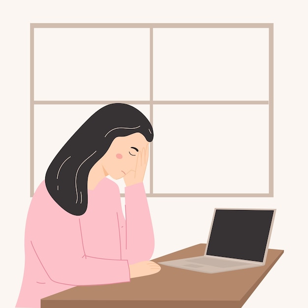 tired exhausted woman with laptop flat vector illustratio