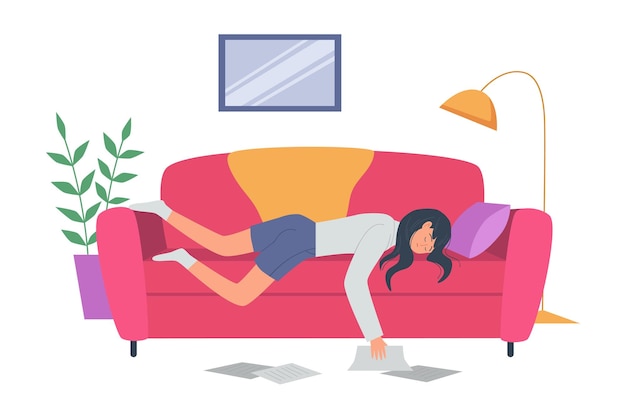 Tired girl lying on couch vector illustration