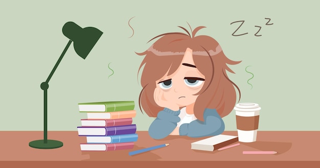 Vector tired girl studying education concept vector graphics