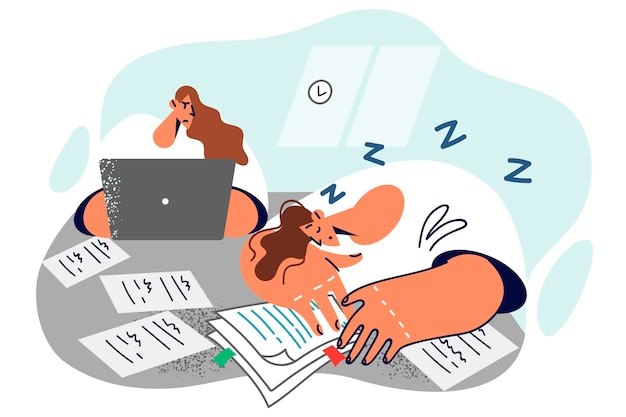 Tired man fell asleep doing paperwork and sitting at table with female colleague Hardworking girl with laptop looks angrily at lazy subordinate refusing to do paperwork and perform official duties