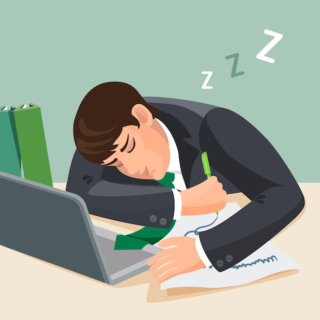 Tired man sleeping at desk. Businessman in suit fall asleep at the working place. Young male sleep near notebook with a sheet of paper and pencil in his hand at table. Realistic  illustration