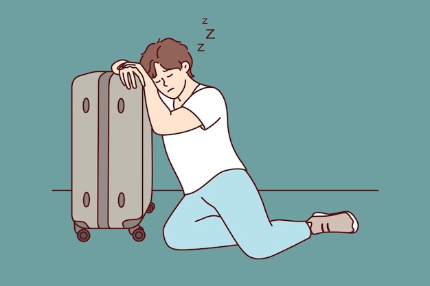 Tired man sleeps resting head on travel suitcase after difficult business trip Vector image