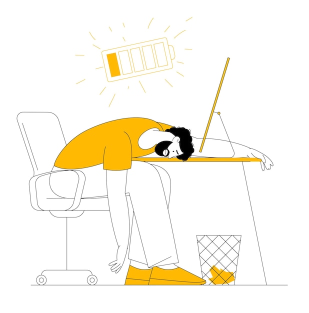 Vector tired man at the workplace burnout concept