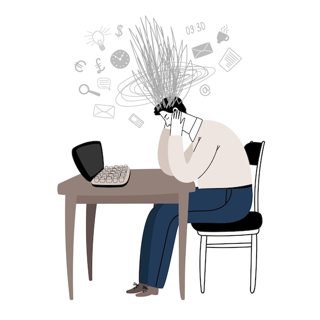 Vector tired man at the workplace with a bunch of confusing thoughts and tasks in his head office worker sits at the table and holds himself with his hands behind his head