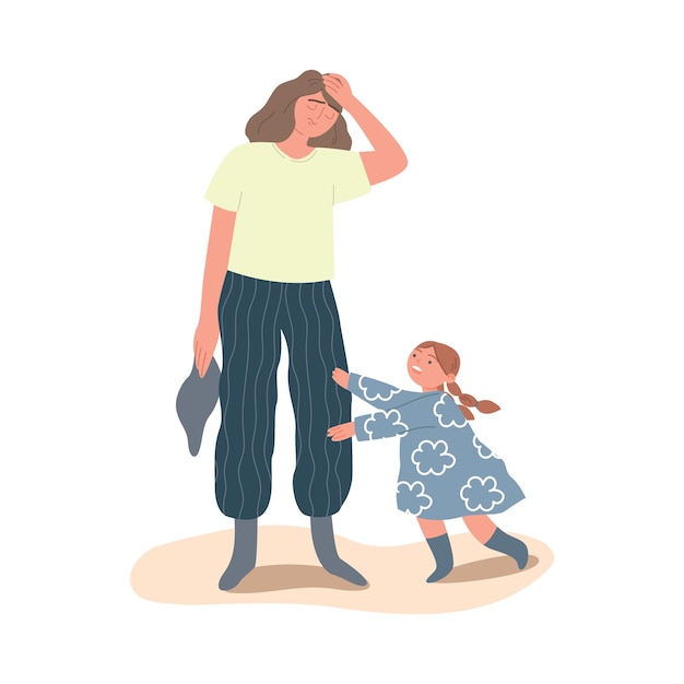 Vector tired mom after cleaning an exhausted woman parental responsibilities child requires attention the concept of the difficulties of motherhood vector flat illustration