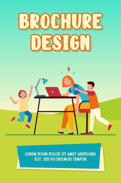 Tired mom working at laptop at home. Active kids bothering freelance mother flat vector illustration