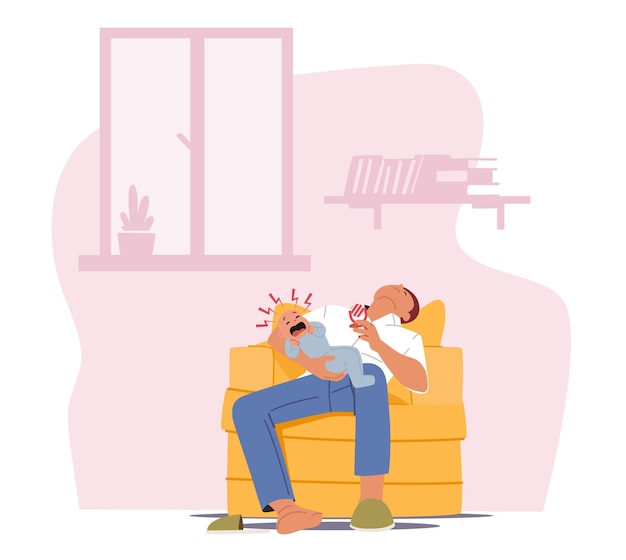 Tired Parent with Crying Child at Home Fatigue Father Character Sleep on Armchair and Baby Yelling Dad on Maternity