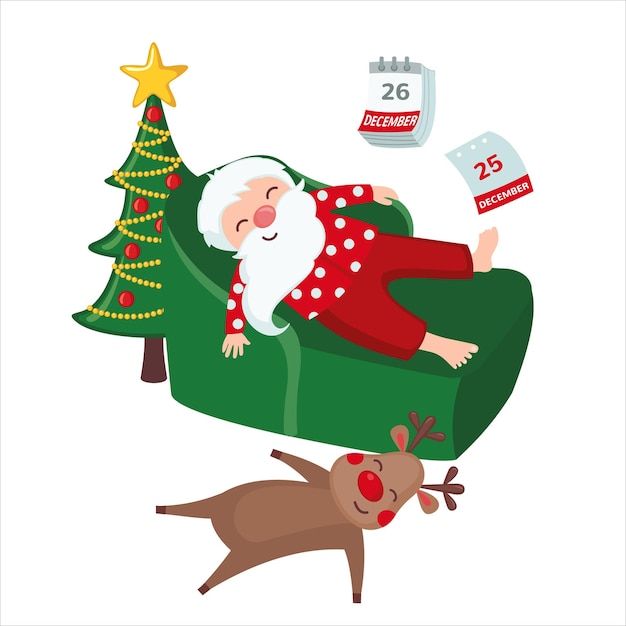 Tired Santa Claus and Deer sleeping on chair isolated on white background