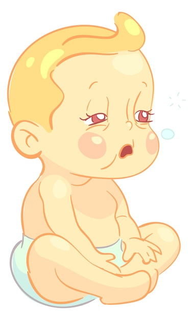 Tired sick baby sit in diaper Cartoon toddler