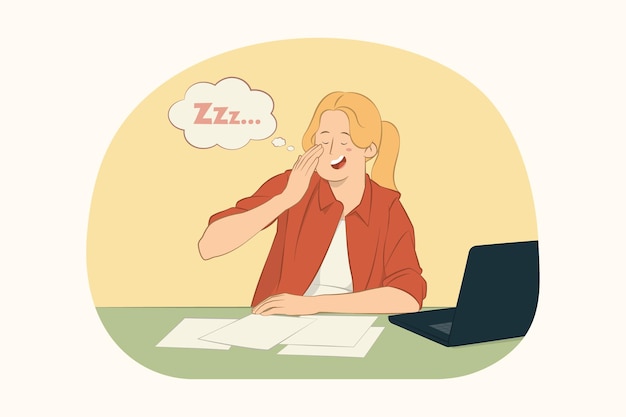 Tired sleepy exhausted young woman yawning at work concept