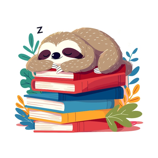 A tired Sloth sleeping on books illustration