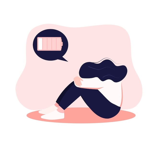 A tired woman sitting with the discharged battery in the thought Concept of mental disorder emotional burnout or mental depression Flat vector