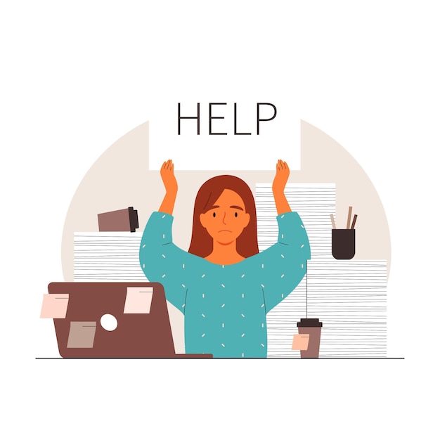 Tired woman at work asking for help