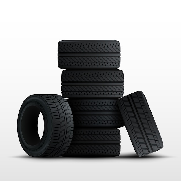 Vector tires set. 3d realistic car tires isolated on white.