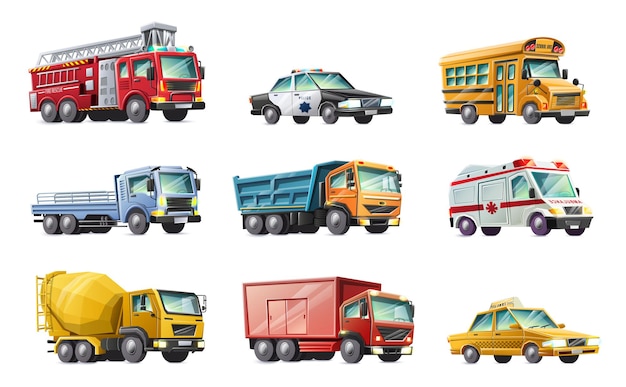 Title cartoon style collection of cars fire brigade, police car, school bus, truck, ambulance, concrete mixer, taxi. Isolated