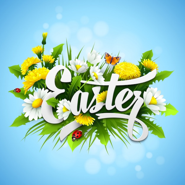 Title Easter with spring flowers.