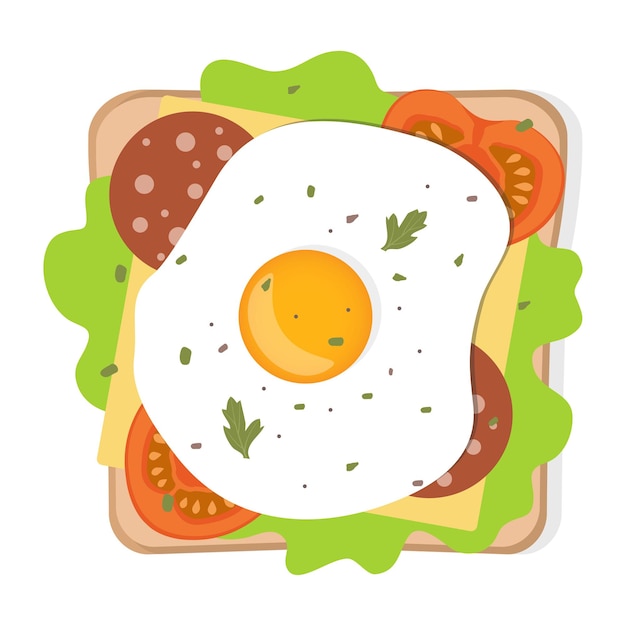 Toast with fried egg and vegetables Sandwich with bread egg cheese tomato sausage herbs and spices Best for breakfast Vector illustration