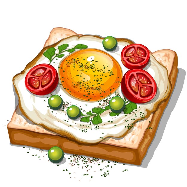 Toast with fried eggs cherry tomatoes top view