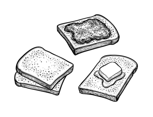 Vector toasts with butter and jam. vintage style ink drawing.