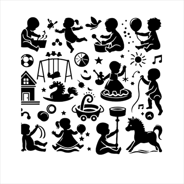 Toddler child activity silhouettes Newborn baby black set baby activity silhouette illustration