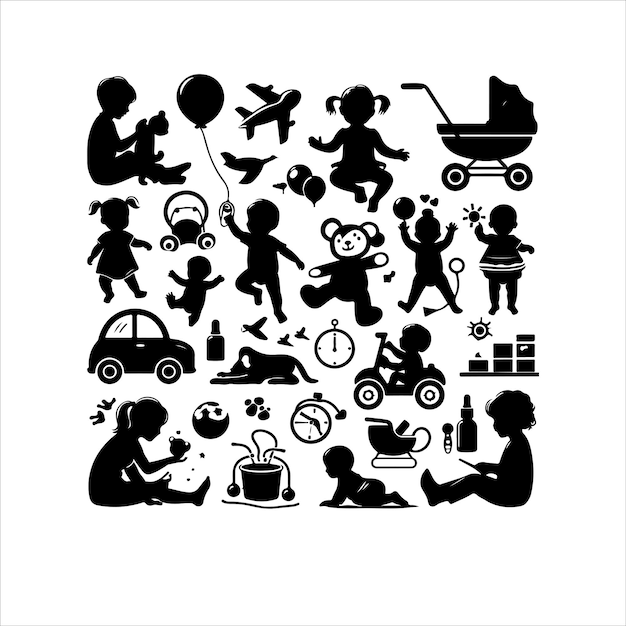 Toddler child activity silhouettes Newborn baby black set baby activity silhouette illustration