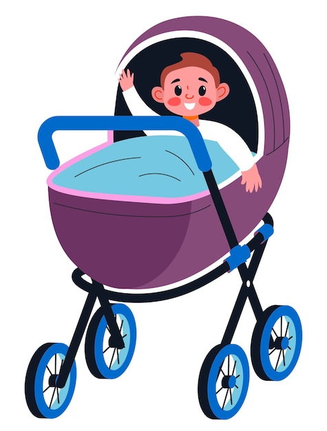 Toddler sitting in perambulator covered with blanket, isolated child waving hands. Excited character seated in buggy, happy childhood. Childcare and development of kiddo. Vector in flat style