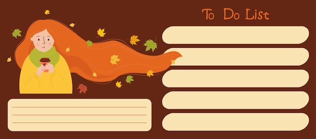 Todo list Girl with flowing hair and autumn to do list Note paper organizer planner time management