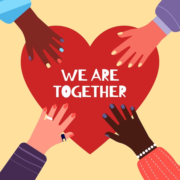 Together concept. Charity, multicultural friendship metaphor. Multicolor hands of international people holding big red heart. Relationship helping or worldwide teamwork vector card illustration