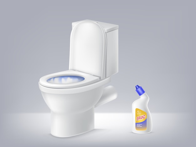 toilet bowl, liquid disinfectant ad on grey background