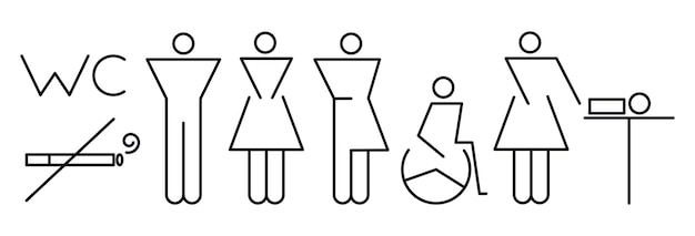 Toilet line icon set on white background. WC wayfinding outline signs. Woman, man, handicap