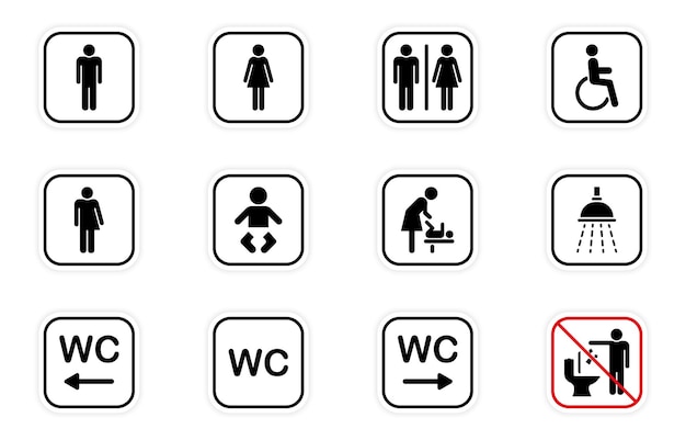 Toilet Room Silhouette Icon Set of WC Sign Public Washroom for Disabled Male Female Transgender