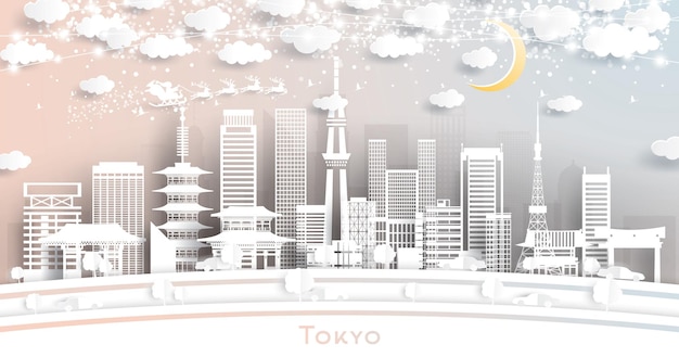 Tokyo Japan City Skyline in Paper Cut Style with Snowflakes, Moon and Neon Garland. Vector Illustration. Christmas and New Year Concept. Santa Claus on Sleigh.