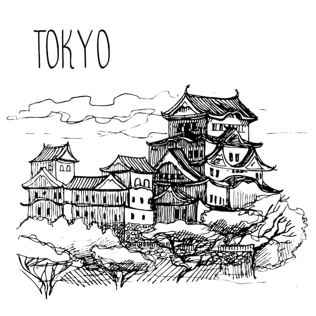 Tokyo Landscape on a vintage postcard sketch engraving