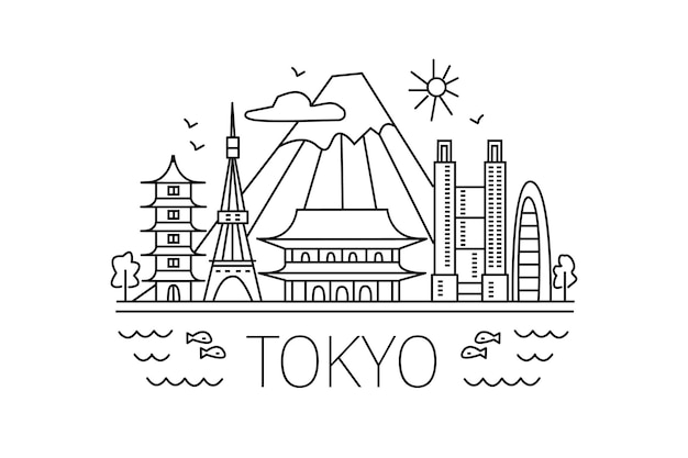 Tokyo lineart illustration japan holiday travel line drawing modern style tokyo city illustration