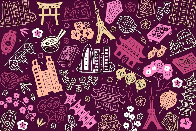 Tokyo pattern illustration japan holiday travel doodle drawing modern style tokyo pattern