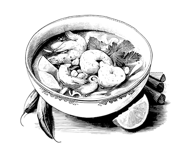 Tom yum soup hand drawn engraving sketch Restaurant business concept Vector illustration