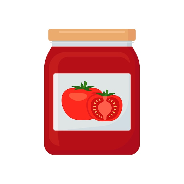 Tomato juice in glass jar tomato pasta Bottle with preserve canning Vector illustration