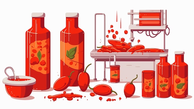 Vector tomato ketchup manufacturing process in factory